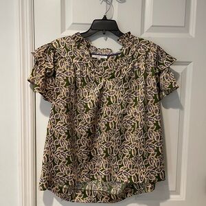 Floral Ruffle Sleeve Top - Green and Purple